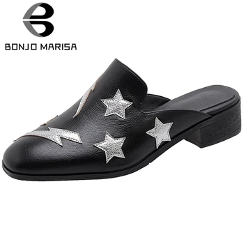 

BONJOMARISA New Summer Fashion Decorating Mules Comfort Genuine Leather Summer Pumps Women Casual Casual Low Heel Shoes Woman