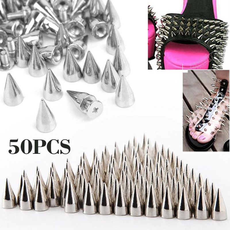 50pcs 9.5mm Silver Metal Cone Studs Rivet Bullet Spike Cone Screw