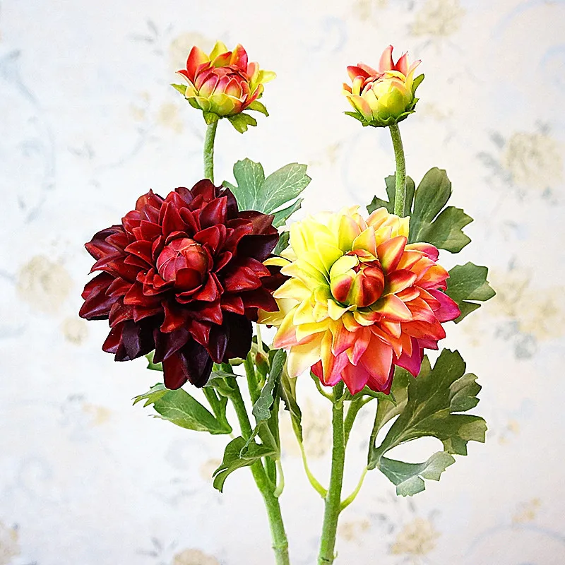 2 головки Dahlias Искусственные цветы Шелковые осенние яркие настоящие на ощупь ромашки искусственные цветы для свадебной вечеринки DIY Украшение Дома Цветочный