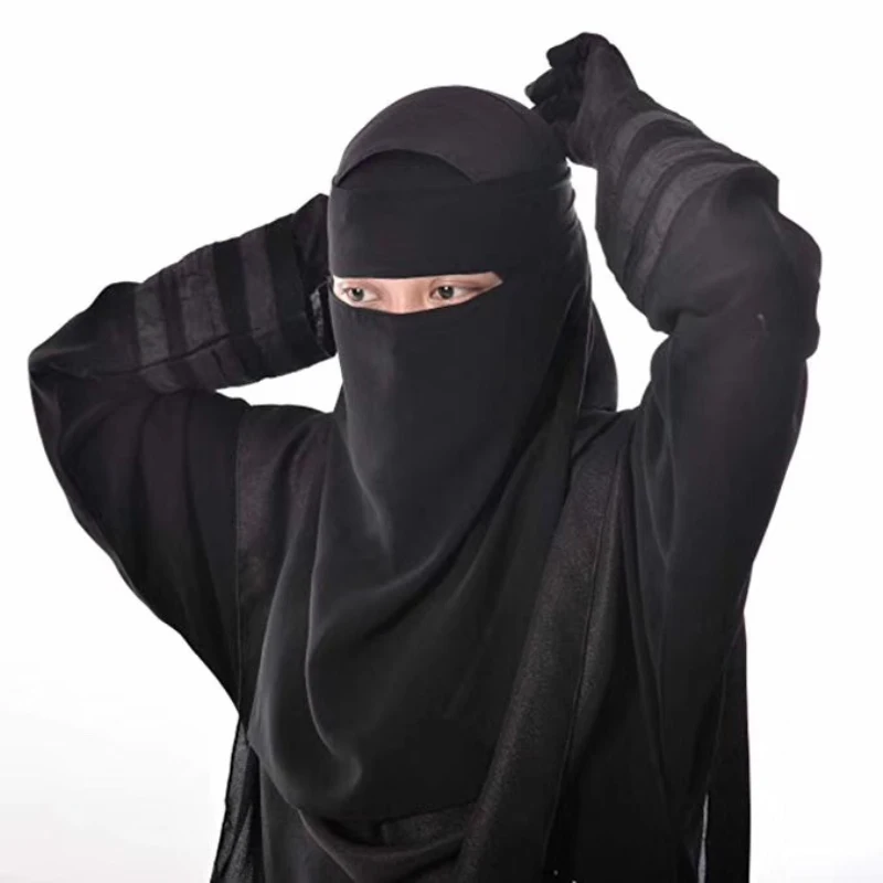 One layer chiffon fabric Niqab Tie back Face Cover Muslim Hijab Scarf Headscarf only Black Color Turban Cap Bonnet Muslim Headwear