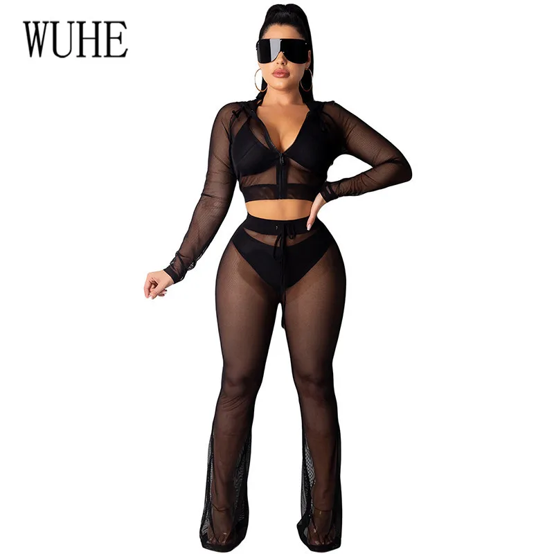 

WUHE Two Pieces Sets Long Romper Sexy Sheer Mesh Long Sleeve Jumpsuits Elegant See Through Mesh Hoodie Night Club Playsuits