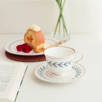 

1 SET New Design Leaf pattern gold rim coffee cup bone china ceramic tea cups and saucer sets