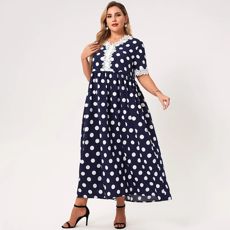 2022 Summer New Women's Maxi Dress Plus Size Dark Blue Bohemian V-neck Polka Dot Printing Lace Patchwork Short Sleeve Dresses |