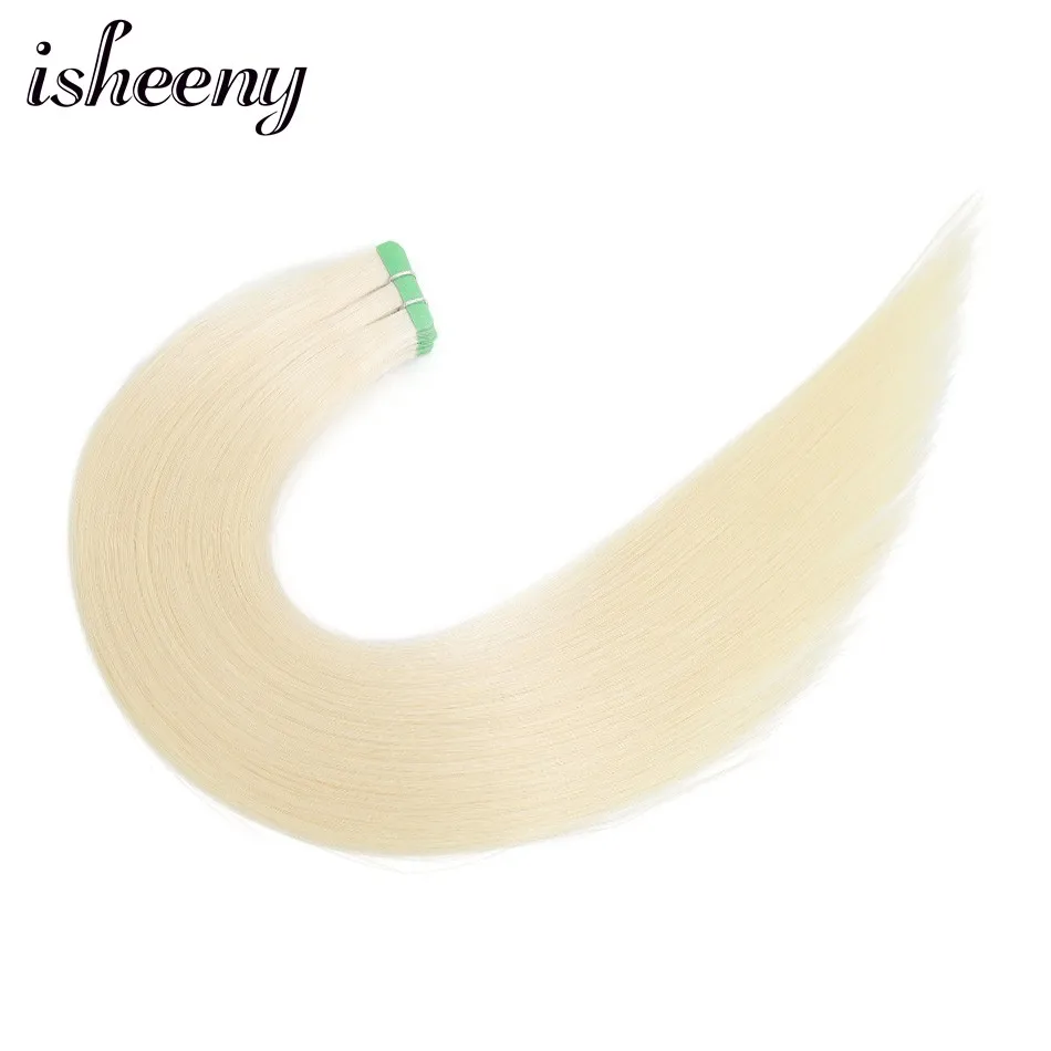 Isheeny платиновый блондин ленты в Пряди человеческих волос для наращивания Волосы remy 14 "-22" прямой 60 # PU волос натуральный ленты человеческих