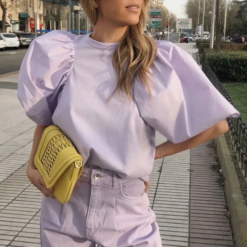 

2020 Puff Sleeve Women Purple Color Blosue tops Ladies Summer Streetwear
