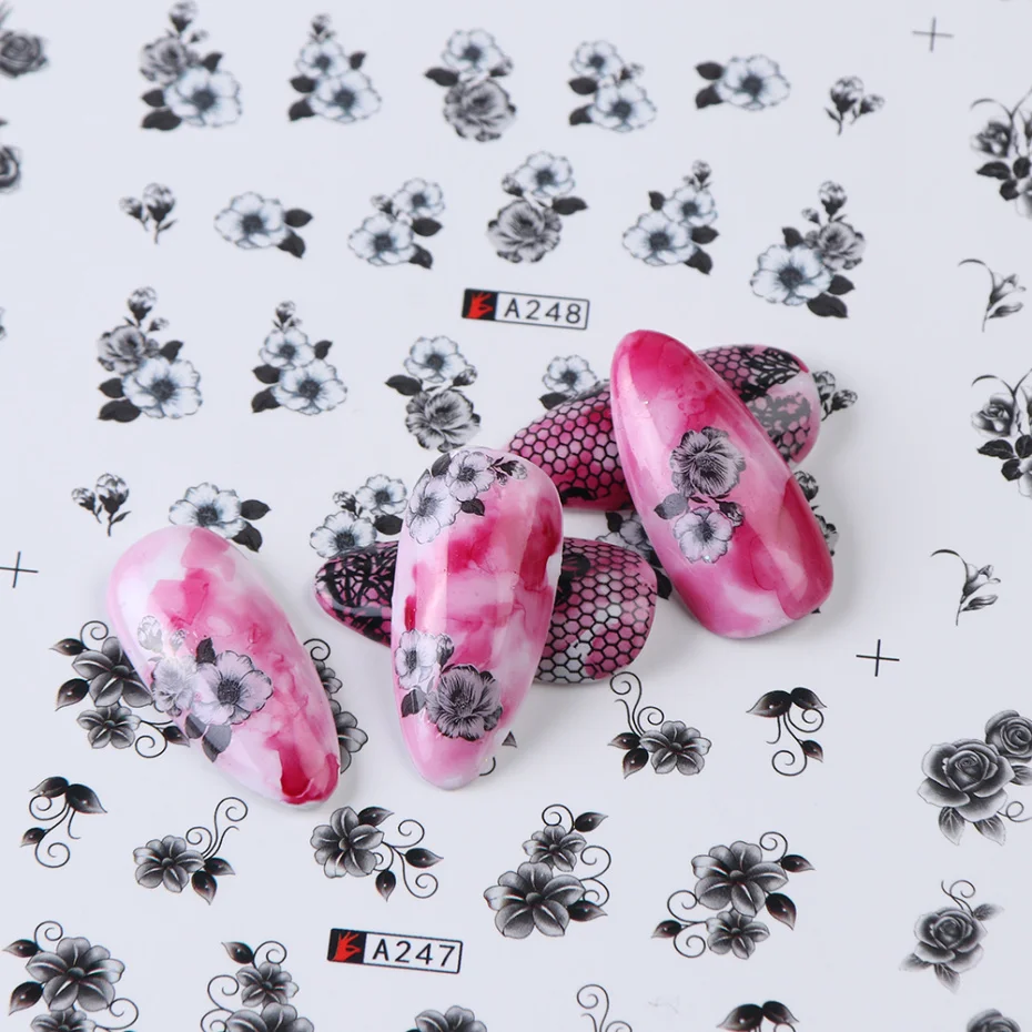 12 шт наклейки на ногти цветок розовые блестки для ногтей водные переводные наклейки Цветочные татуировки слайдеры Лист Клей DIY маникюр CHA241-252