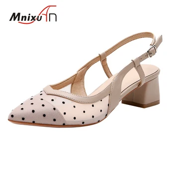 

Elegant ladies dress shoes and sandals summer 2020 new genuine leather pointed toe women mesh shoes medium chunky heels size 33