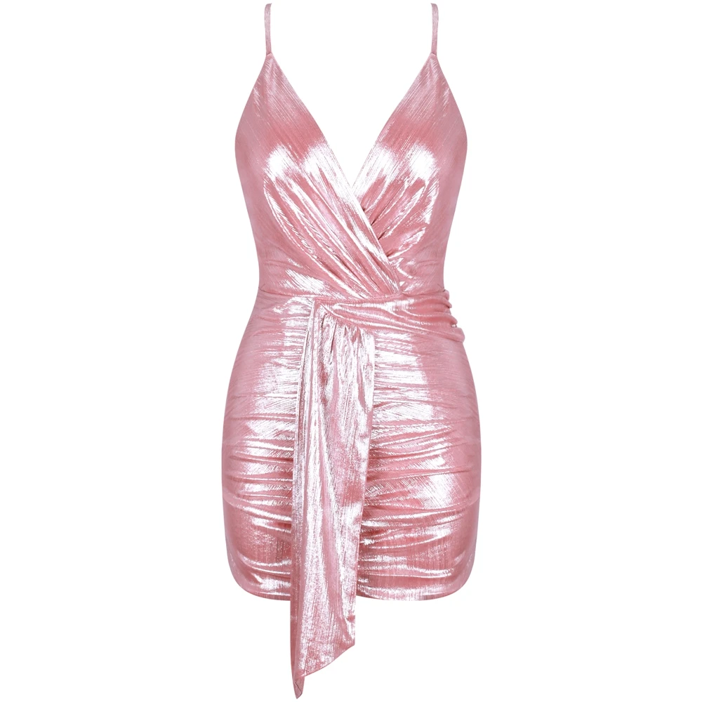 Розовый V шеи без рукавов Мини спинки Bodycon платье HI1050-Pink