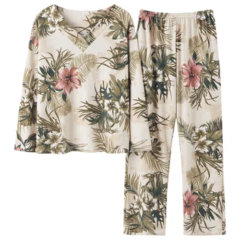 

Caiyier 2020 Elegant V-Neck Cotton Pajamas Set Long Sleeve Loose Sleepwear For Women Floral Print Fashion Pijamas Big Size M-4XL