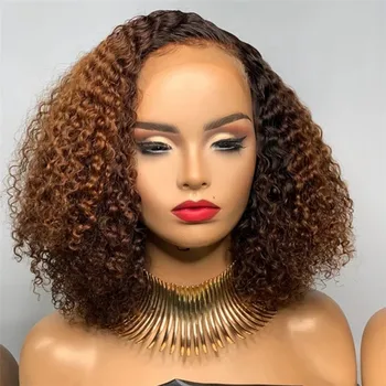 

Ombre Brown Kinky Curly Wig 5*5 PU Silk Base Wig Lace Front Human Hair Wigs with Baby Hair Bleached Knots for women