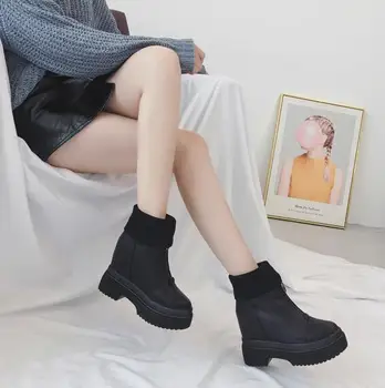 

Increased female new winter net red front zipper high-heeled Martin booties plus velvet sponge cake thick-soled cotton shoes