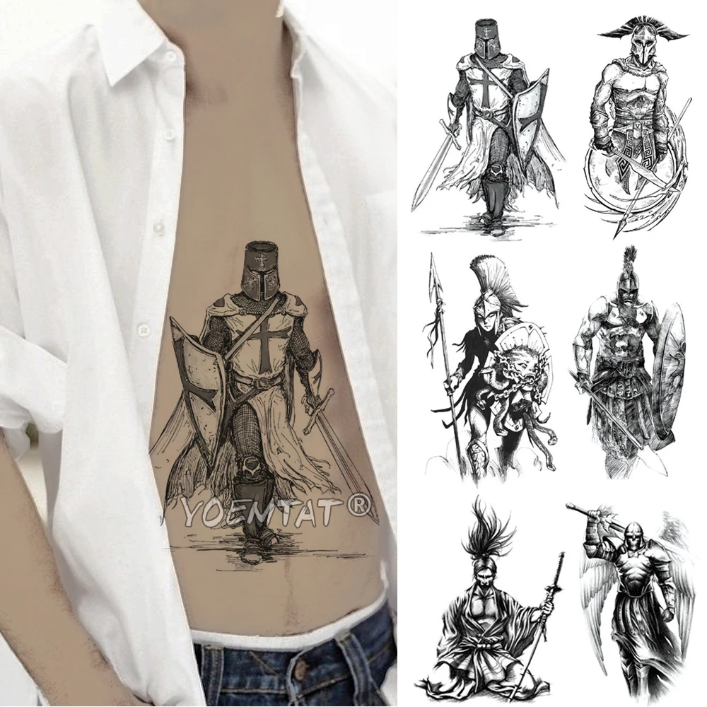 Crusader Knights Warrior Temporary Tattoo Sticker Waterproof Tatto Hero Gladiator Spartan Body Art Arm Fake Tatoo Men Women