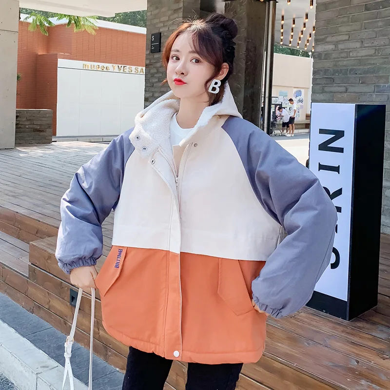 

2019 Winter New Style Korean-style Students Loose-Fit BF Contrast Color Harajuku-Style Lambs Wool Coat Thick plus Velvet Cotton-