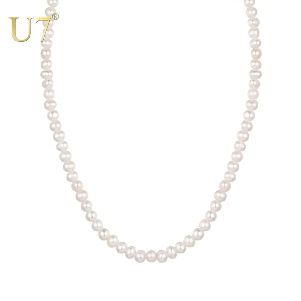 U7 Freshwater Cultured Pearl Choker Necklace 5-6.5mm 43/46cm Long Round or Baroque White Pearls Jewelry Gifts for Women P1058 | Украшения и