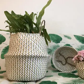 

2019 Foldable Handmade Seagrass Storage Basket Wicker Rattan Belly Straw Garden Flower Pot Wave Pattern Planter Clothes Basket