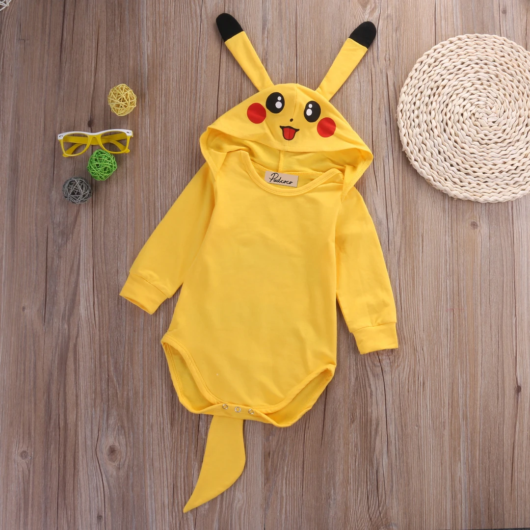 Cartton Pikachu милый детский комбинезон для новорожденного боди одевать одежду Желтый 3D Ухо HoodieTail Pokemo костюм косплей