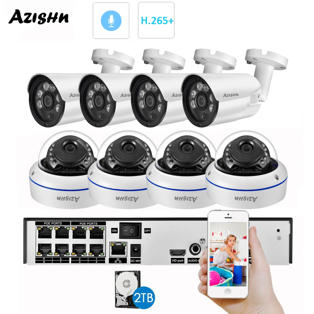 AZISHN H.265+ 8CH 3MP HDMI POE NVR Kit CCTV System 3MP Metal Indoor Outdoor Audio Dome IP Camera Video Security Surveillance Set