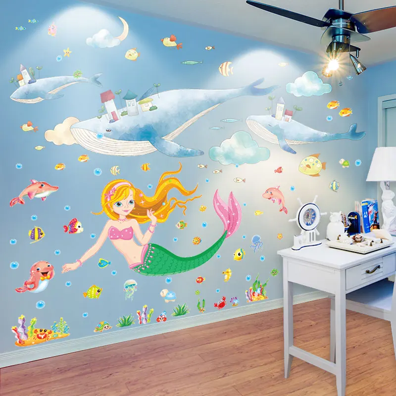 

[shijuekongjian] Underwater World Mermaid Girl Wall Stickers DIY Whales Fish Wall Decals for Kids Room Baby Bedroom Decoration