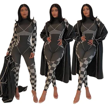 

2020 Winter Women Skinny Jumpsuits Turtleneck Long Sleeve Outfits Sexy Rompers Club Evening Sport Print One Piece