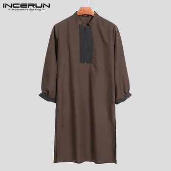 

2020 Muslim Clothing Men Arabic Islamic Kaftan Stand Collar Long Sleeve Jubba Thobe Saudi Arabia Dubai Men Robes S-5XL INCERUN
