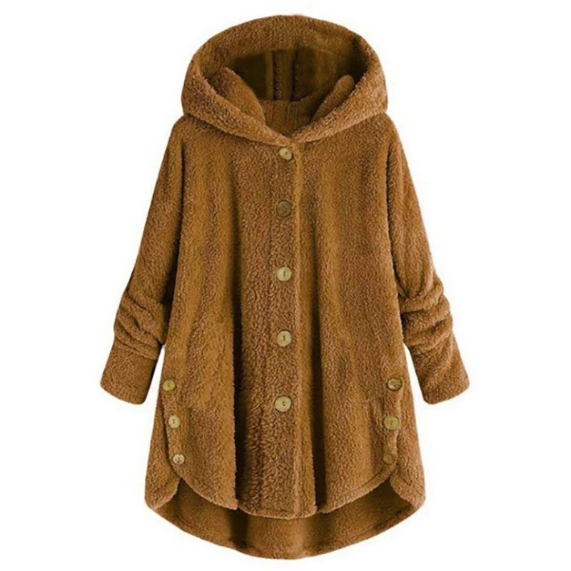 Women New Winter Plus Size S-5XL Button Coat Fluffy Tail Tops Hooded Pullover Loose Oversize Coats Warm Outwear for Fashion - Цвет: As The Picture Shows