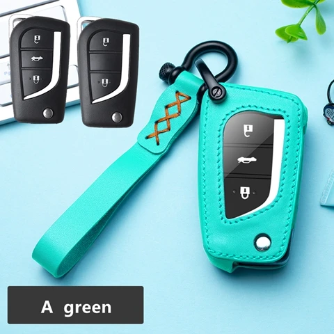 For A key green Автомобильные аксессуары натуральный кожаный брелок держатель кошелек для Toyota Avalon Camry Land Cruiser Prado Corolla CHR CH-R Prius RAV4 - Название цвета: For A key green
