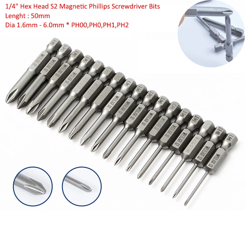 1/2/3/5/10pcs 1/4" Hex Head S2 50mm Lenght Phillips