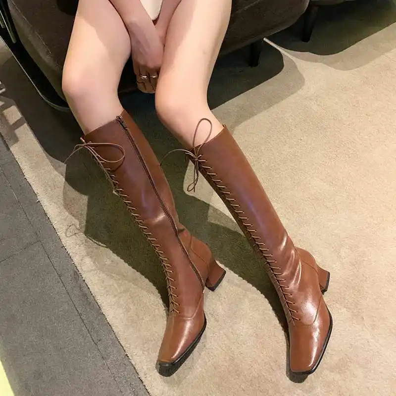 Krazing Pot elegant British style fashion lace up boots square toe high heels winter warm women side zip thigh high boots L66