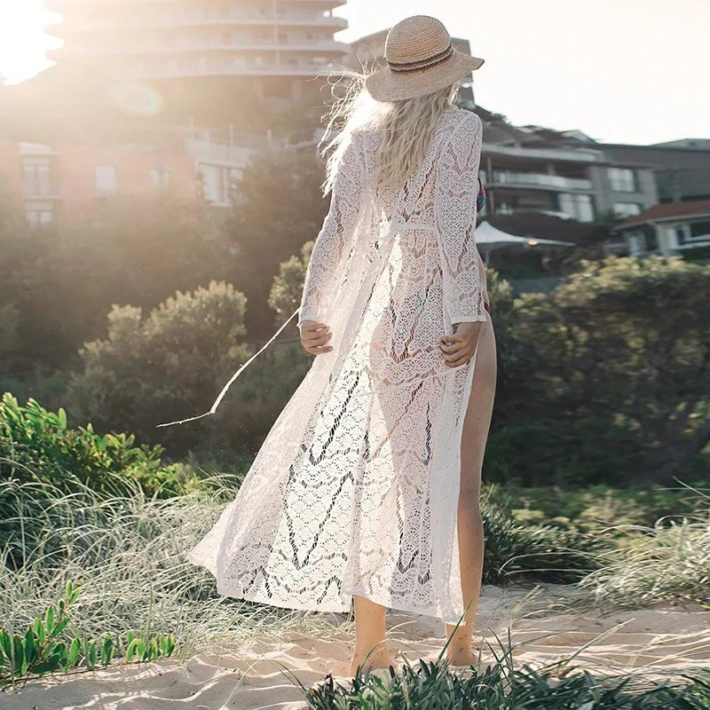Sexy Beach Cover up Crochet Lace Pink Swimwear Dress Ladies Tunics for Beach Kaftan Women Beachwear Saida de Praia #Q286