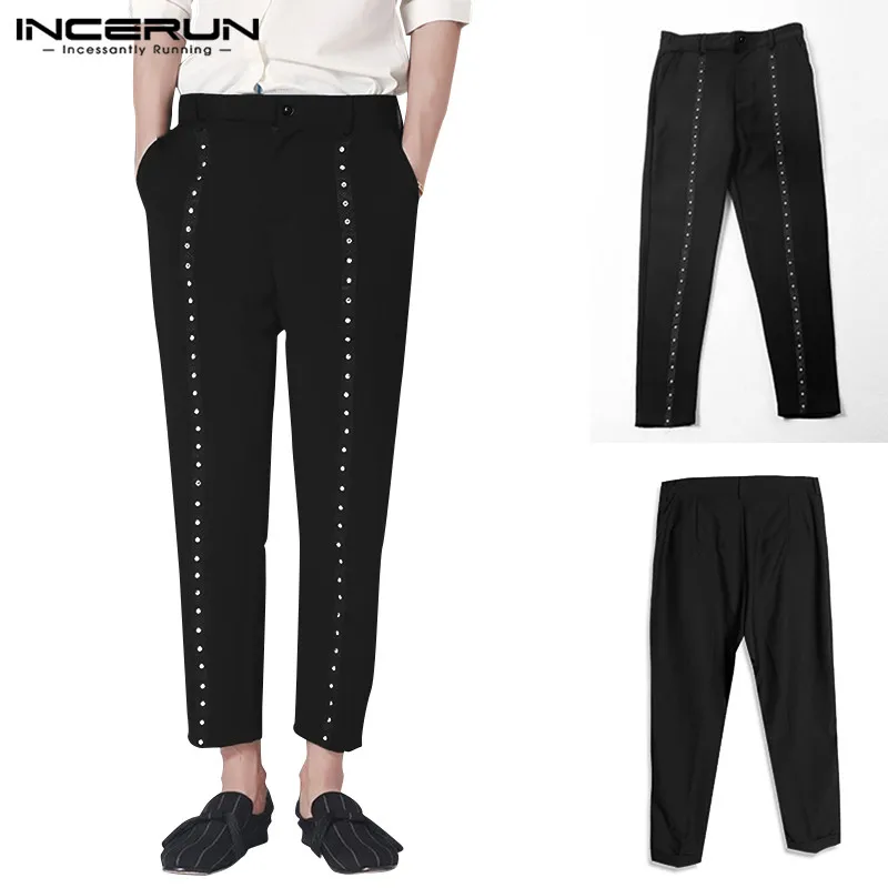 

Men Black Rivet Straight Trousers Nightclub Singer Stylish Pants Solid Color Streetwear Trendy Punk Casual Bottoms S-5XL INCERUN