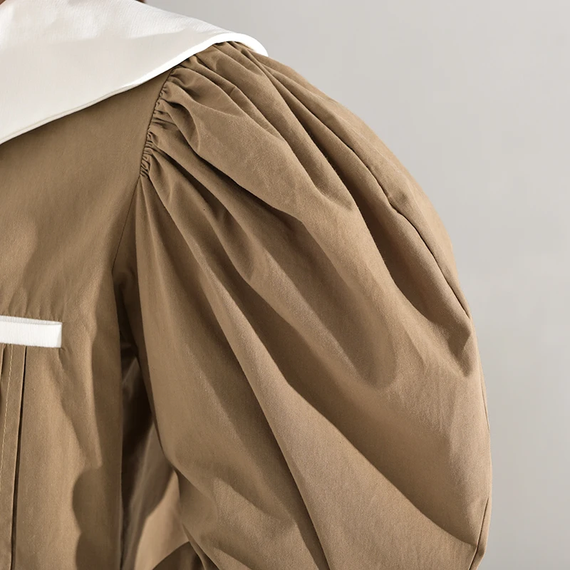 [EAM] короткая куртка свободного кроя цвета хаки с плиссированной строчкой, Новое Женское пальто с отворотом и длинным рукавом, модное осенне-зимнее пальто JY8510