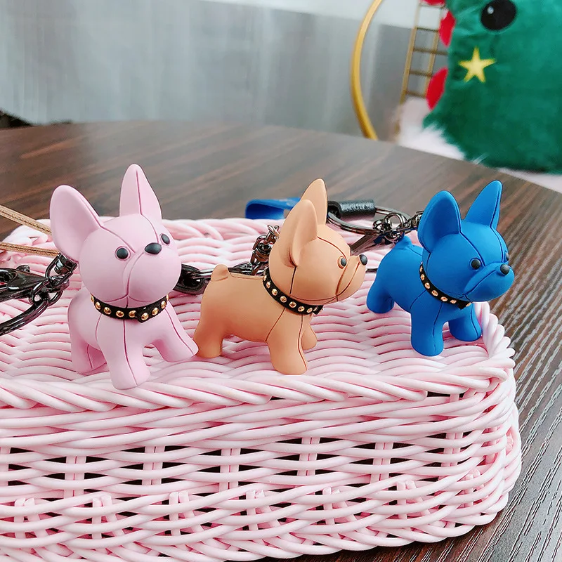 

French Bulldog Keychain Cartoon Leather Animal Dog Keychains Holder Charm Trinket Bag Key Chain Car Headset Key Ring Accessories