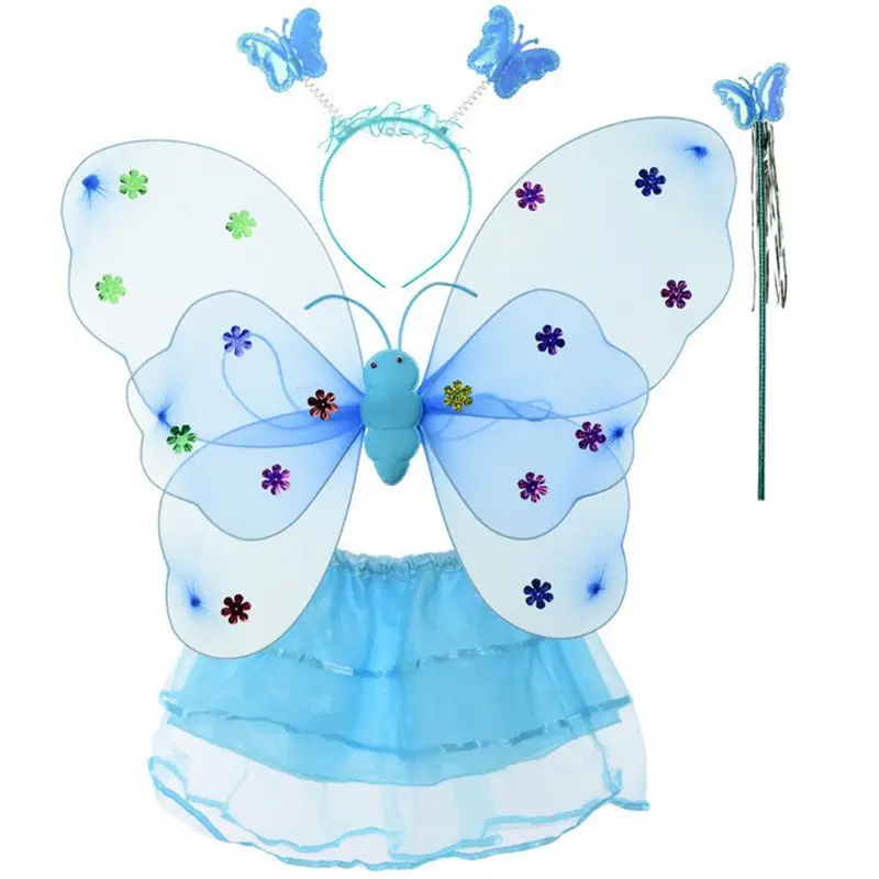 Девушка светодиодный двойной Слои крылья бабочки, комплект нерегулярные ярусный сетки юбка-пачка фея с волшебной палочкой и ободком карнавальный костюм принцессы От 2 до 8 лет - Цвет: Синий