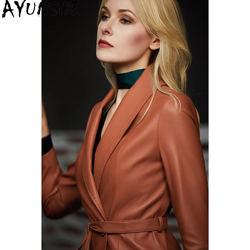 AYUNSUE Genuine Leather Jacket Women Long