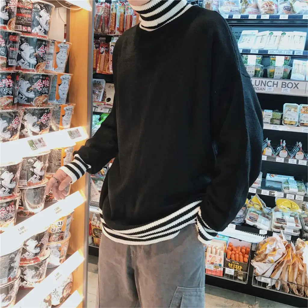 LAPPSTER Мужской пуловер с высоким воротом Harajuku, свитер, мужские зимние полосатые корейские модные свитера, осенний свитер для пары, одежда - Цвет: Black