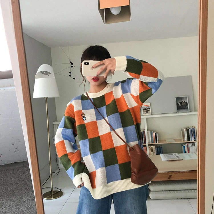 Женский корейский Harajuku Повседневный свободный клетчатый свитер подходящего цвета женские свитера японская Kawaii одежда ulzzang для женщин
