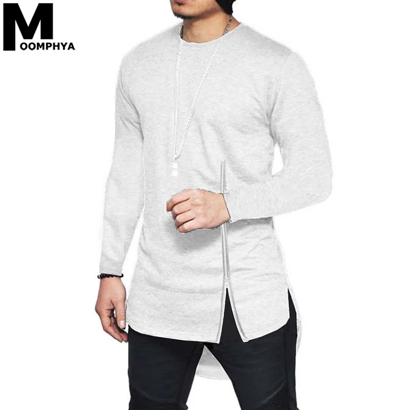 Moomphya Мужская футболка на молнии с длинным рукавом, уличная футболка с Боковым Разрезом для мужчин, удлиненная футболка, Мужская забавная футболка в стиле хип-хоп