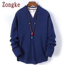 Zongke в китайском стиле однотонное повседневное рубашка мужские модные мужские рубашки с длинным рукавом мужские льняные рубашки уличная 5XL Осень новинка