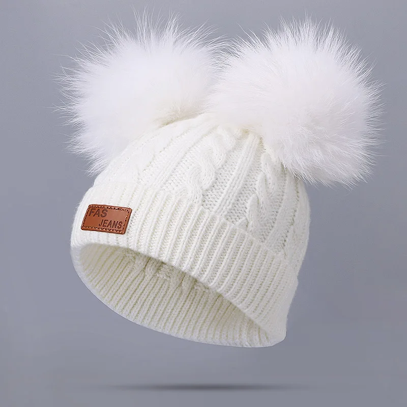 K Зимние шапки Skullies из натурального меха енота с помпоном для детей, вязаная теплая Милая Детская Мягкая вязаная фетровая шапка с помпоном - Цвет: K