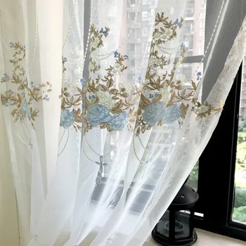 

European Luxury Lace Blue Embroidered Curtains Sheer For Living Room Pink Window Screen Kitchen Tulle Curtains Drapes