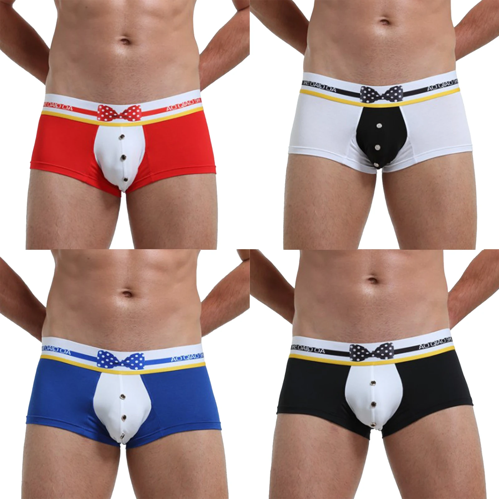 

Men Sexy 3 Button Bulge Pouch Short Boxer Briefs Underwear with Bowknot Printed Waistband Shorts Pool Party Swimwear for Bedtime