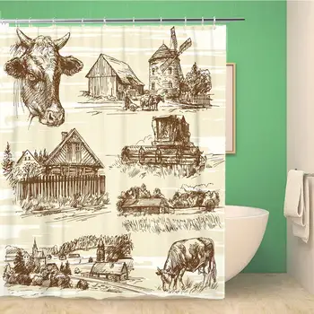 

Bathroom Shower Curtain Old Farm Cows Harvest Rural Landscape Sketch House Countryside 72x78 inches Waterproof Bath Curtain Set