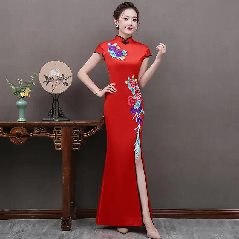 Женская Вышивка цветок Русалка Cheongsam Chinese китайский стиль воротник стойка длинное платье женские Qipao тонкие Вечерние платья Vestido - Цвет: Красный