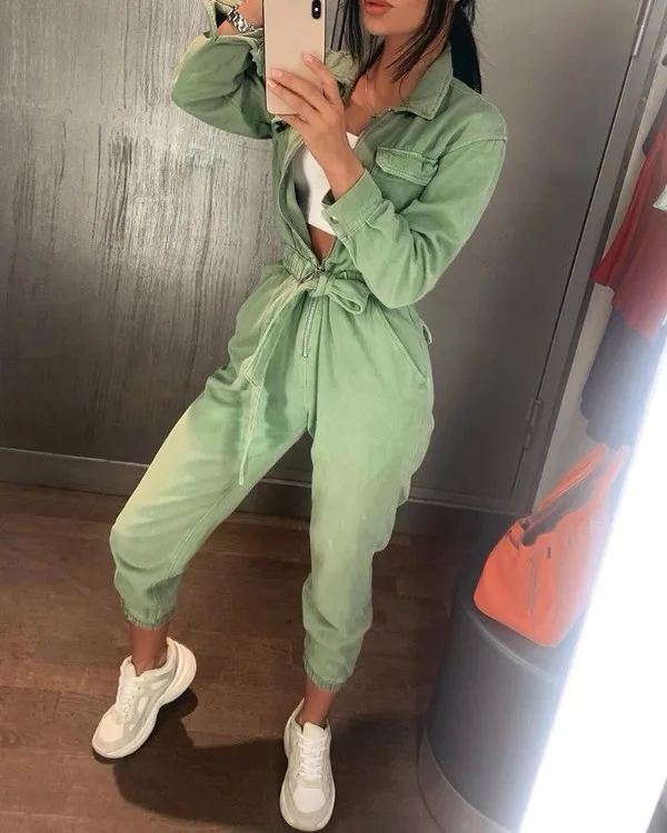 Casual Cargo Cotton Female Jumpsuits Green Sash Pocket Sport Womens Jumpsuit Romper Chic Autumn Winter Ladies Overalls 2020