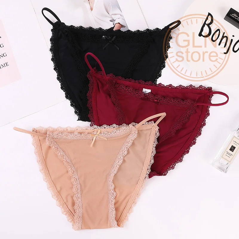 

023 sexy ice silk underwear women's low waist ultra-thin seamless raise hip breathable lace thong pants large briefs