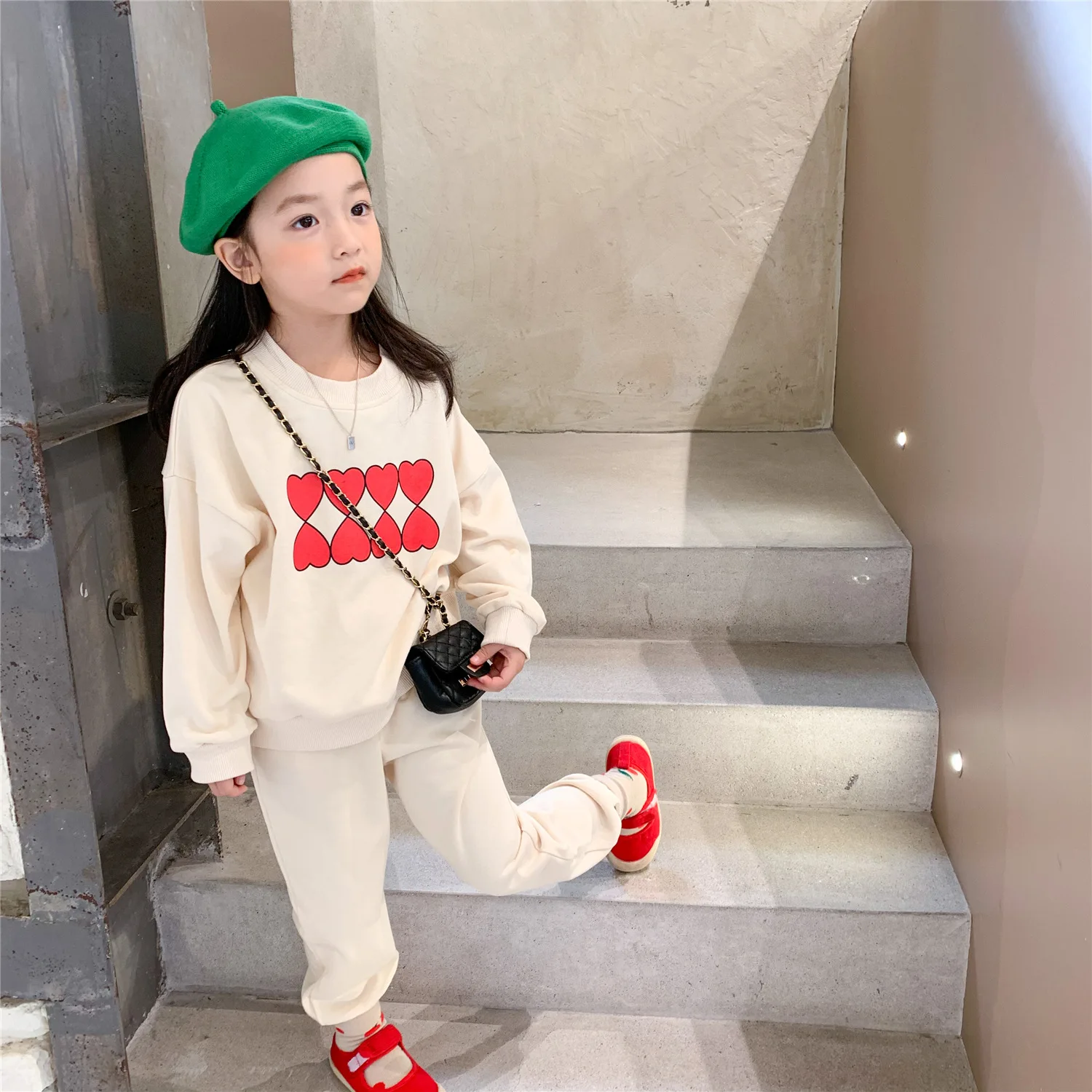 

2021 Autumn Children'S New Style Girl'S Love Long-Sleeved + Trousers Two-Piece Sets Children'S Baby Casual Sweater Suit