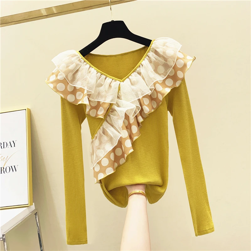

Polka Dot Mesh Stitching Ruffled V-neck Pullover Sweater Woman Slim-Fit 2020 Autumn Sweaters Jumper Outwear Yellow Knitted Top