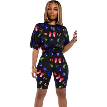 

Summer Butterfly Print 2 Piece Set Tracksuit Women Short Sleeve T-shirt Knee Length Shorts Suit Sportwear Outfits Jogging Femme