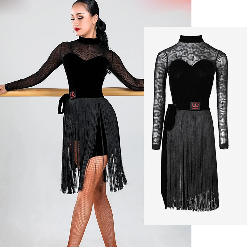 New Latin Dance Dress Practice Clothing Adult Latin Dance Competition Dress Two-Piece Net Stitching Velvet Fringe Skirt DQS3370 - Цвет: Черный