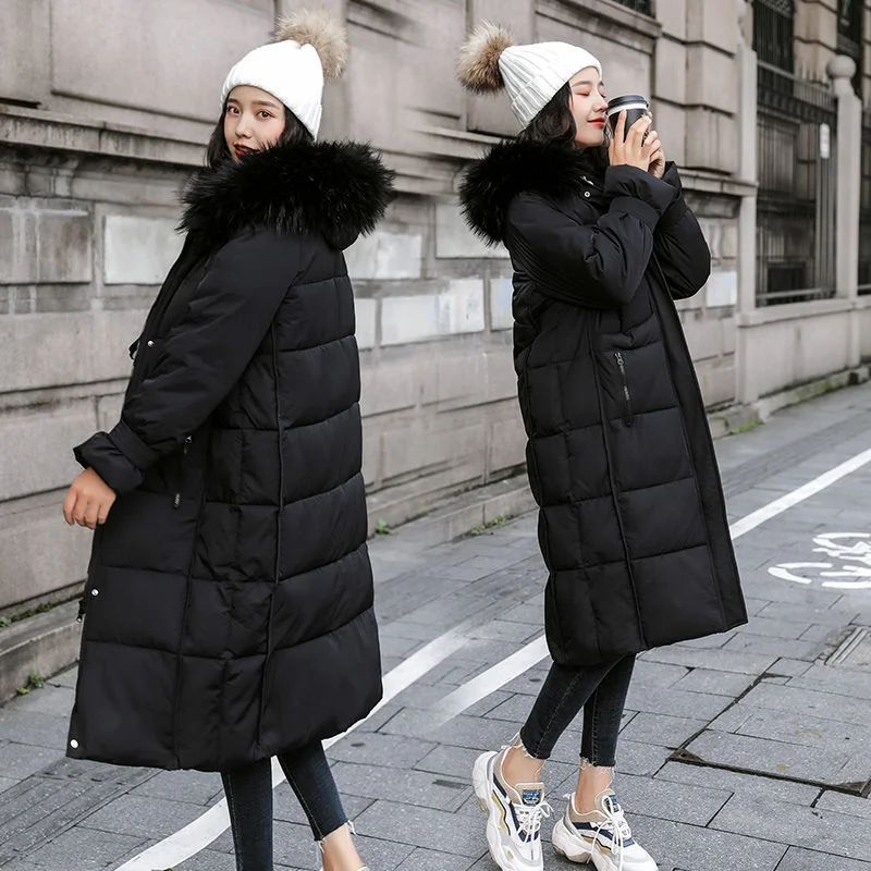 

Down Winter Woman Plaid Pattern Parka Fur Hood Fashion Warm Long Thick Chinese Oversize Beige Coat Women Cloud Jacket